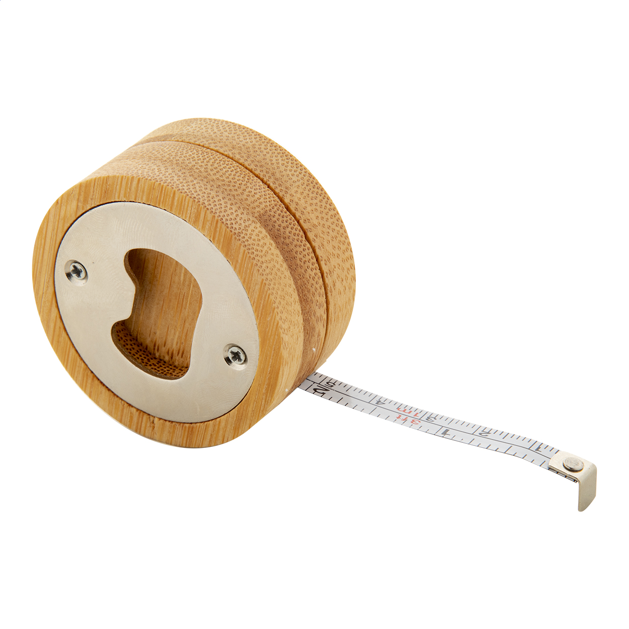 Décapsuleur rond Meaboo personnalisé en bambou avec mètre ruban de 1 m imprimé avec logo