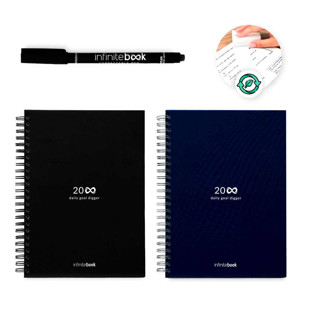 KIT DE DÉMARRAGE INFINITE PLANNER A5. Le set comprend un 'journal infini', un kit de nettoyage, un marqueur et un support de marqueur.