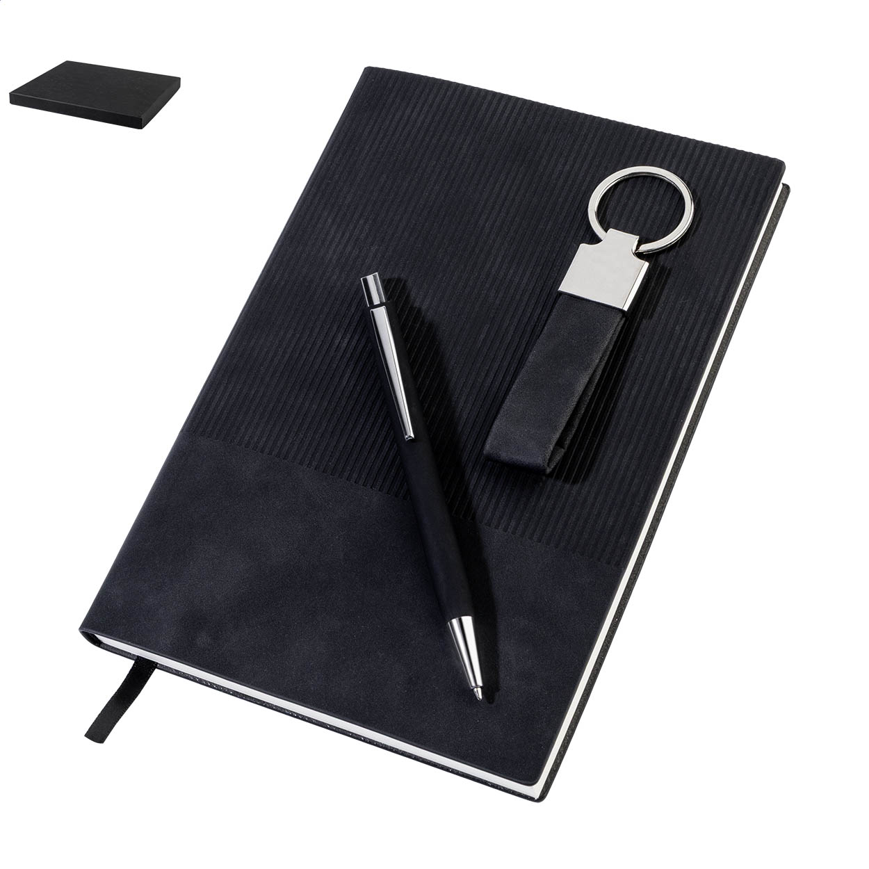 Coffret cadeau Dono Trio : carnet A5, stylo et porte-clés en PU recyclé imprimé avec logo