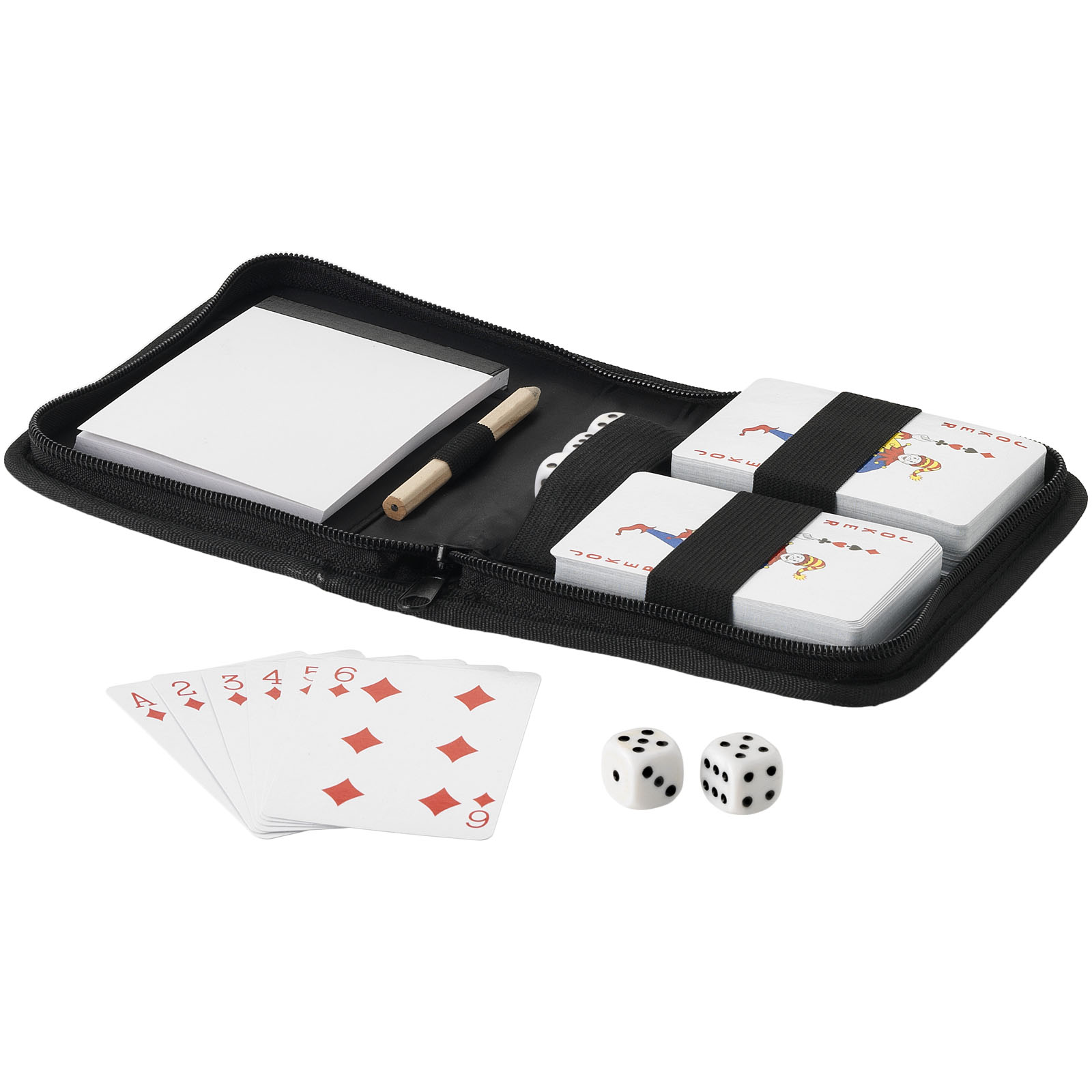 Housse personnalisée avec jeux de cartes, dès et carnet - JCA06