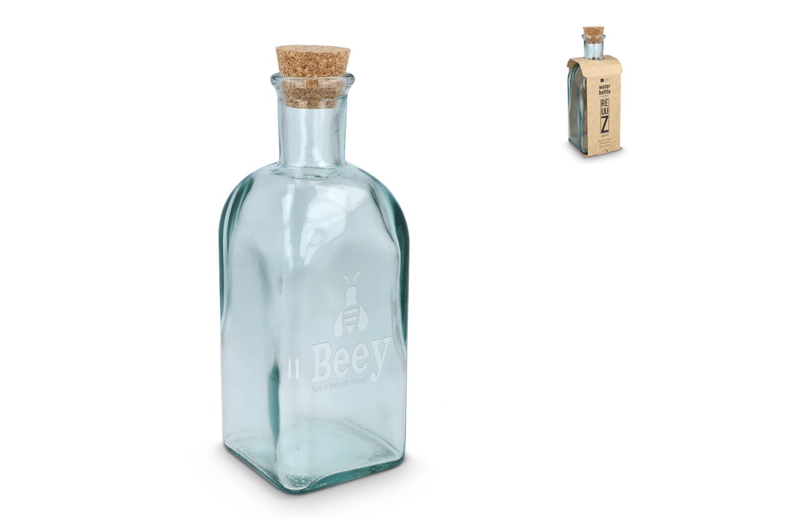 Bouteille d'eau carrée en verre recyclé InSideOut ReuuZ avec bouchon en liège 500ml