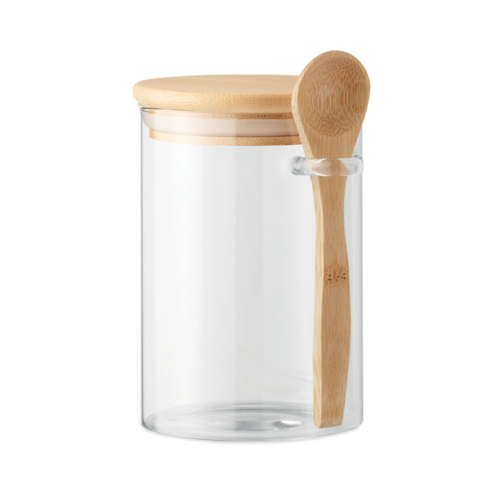 Pot de rangement en verre borosilicaté avec couvercle en bambou et cuillère - 600 ml