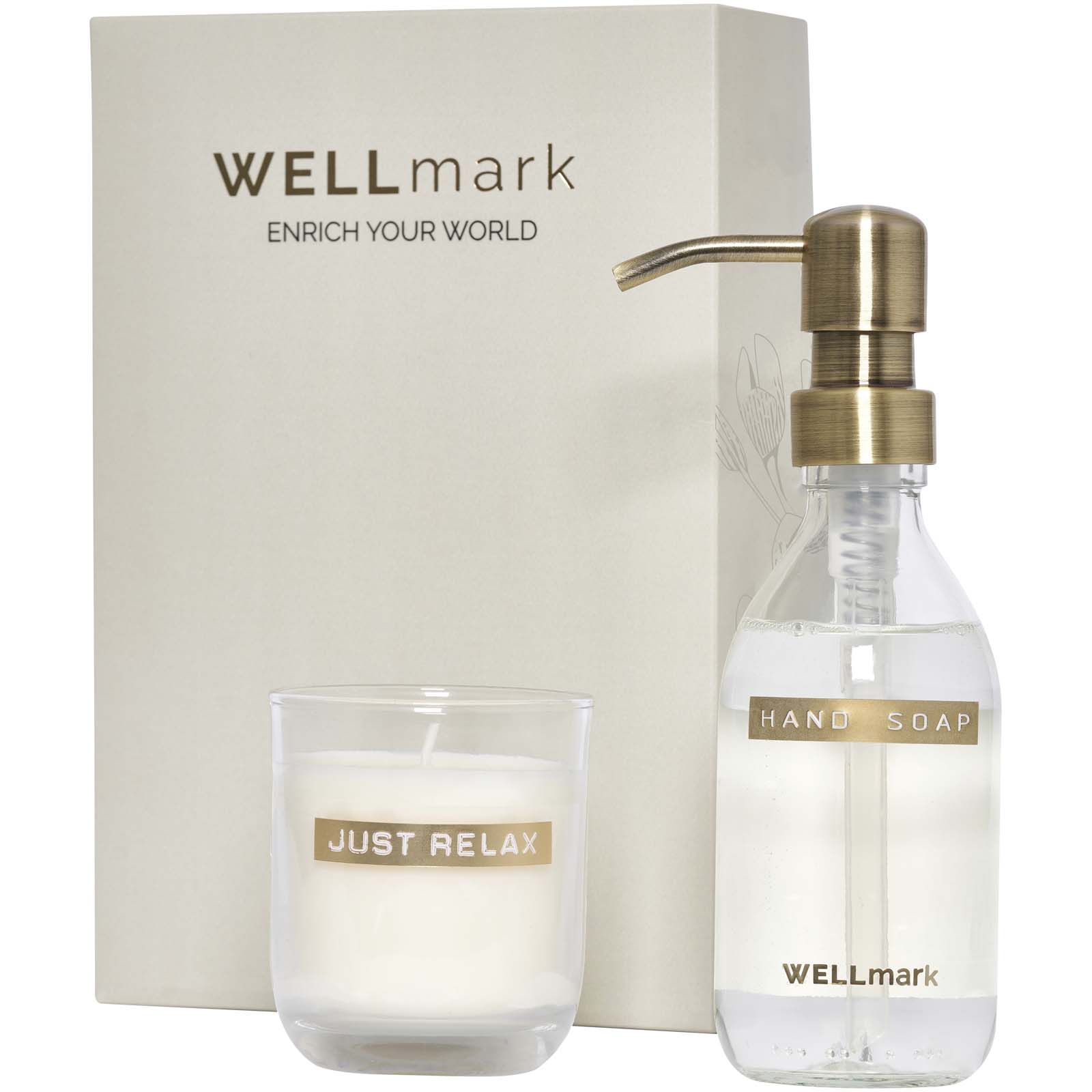 Coffret découverte Wellmark comprenant un distributeur de savon pour les mains de 250 ml et une bougie parfumée de 150 g