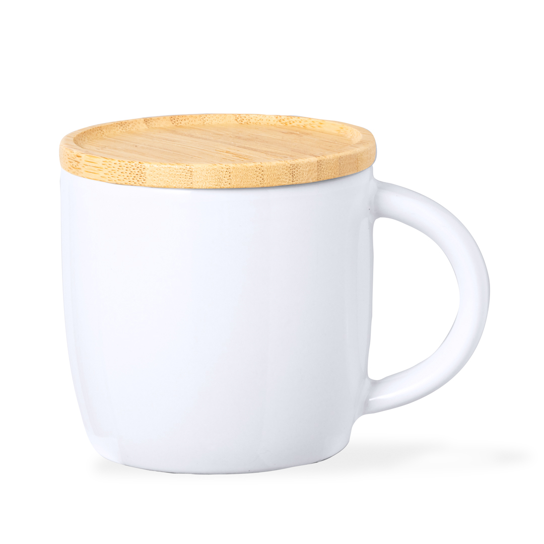 Tasse Zenara personnalisée en céramique 350 ml avec couvercle en bambou imprimé avec logo