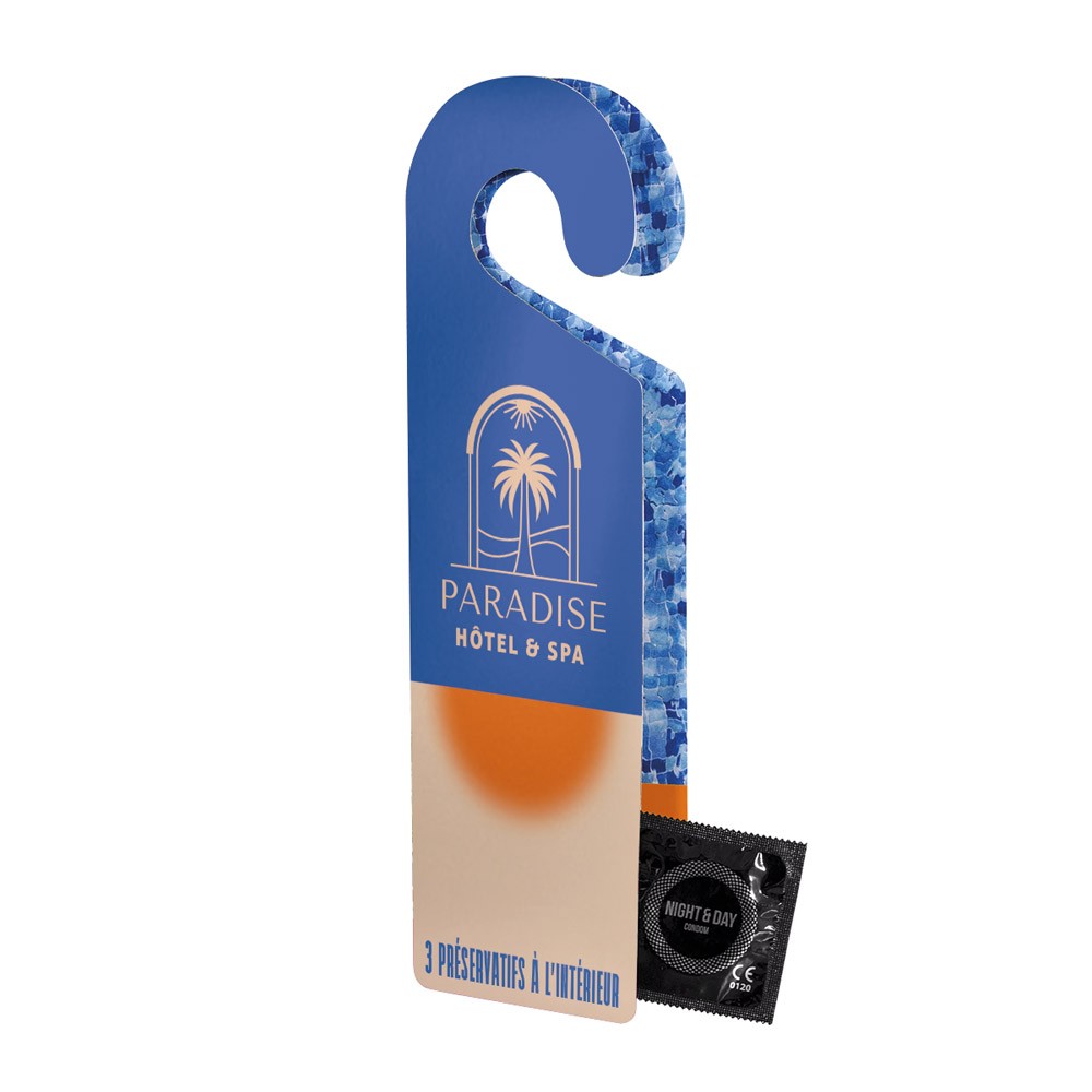 Porte-manteau double avec 1 préservatif à l'intérieur, certifié ISO04074:2015 et CE0120 - Ambérieux-en-Dombes bedrukken met logo