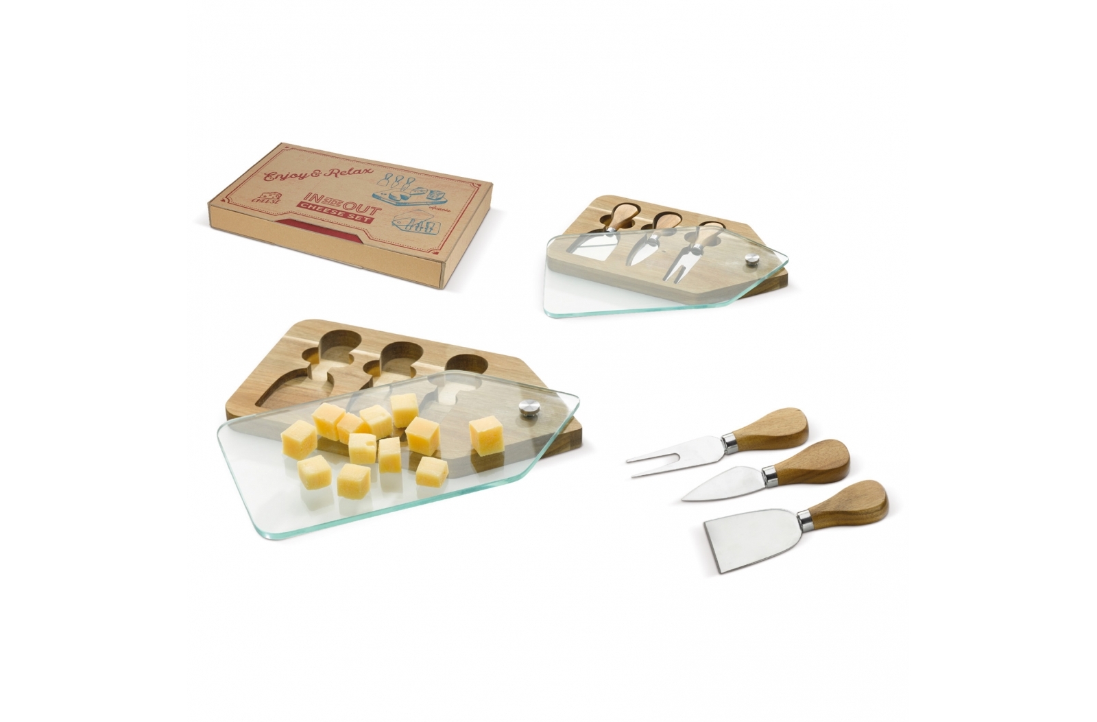 Ensemble cadeau de plateau à fromage en bois d'acacia avec couvercle coulissant et couteaux à fromage - Mortain-Bocage