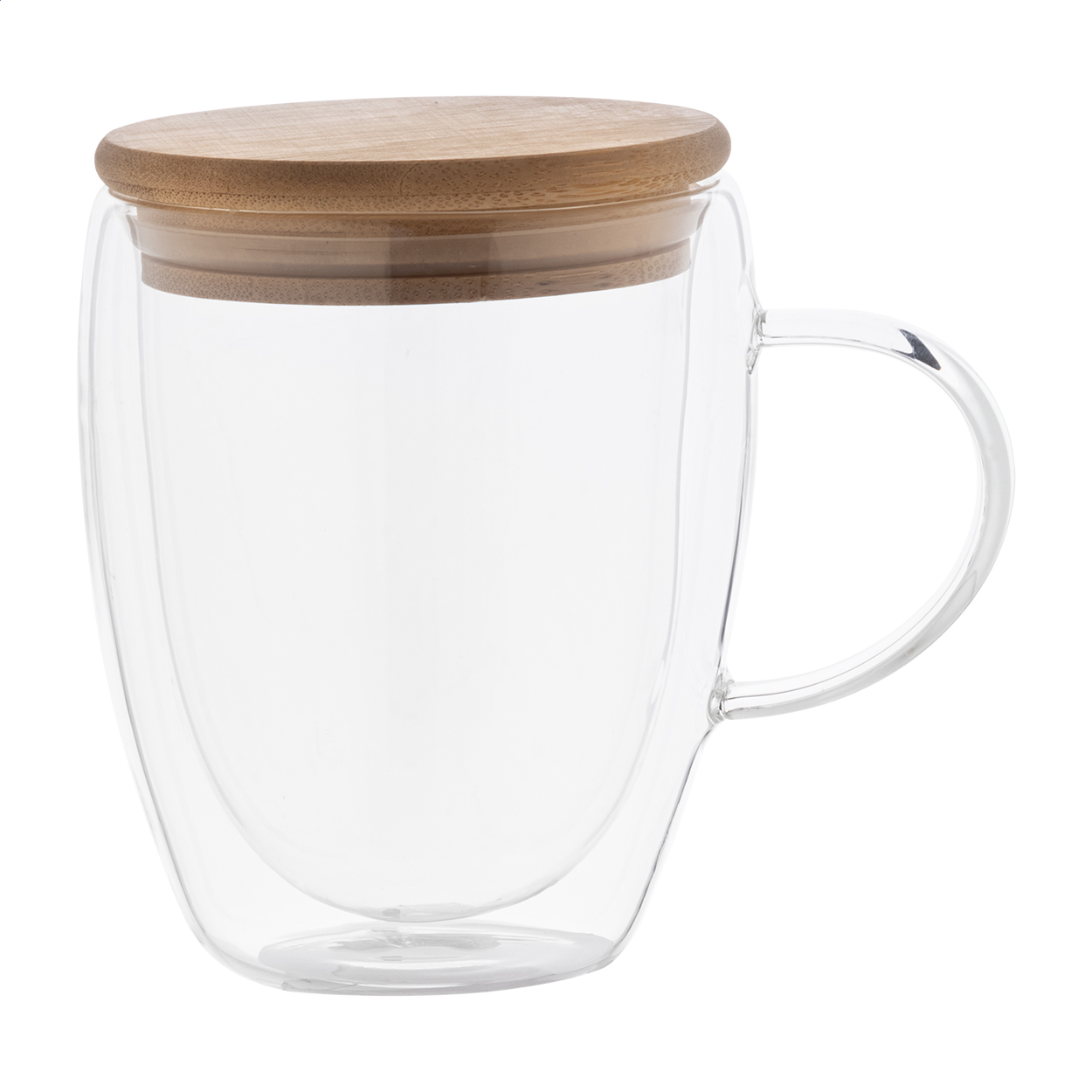 Mug isotherme Grobina personnalisé en verre double paroi, couvercle bambou