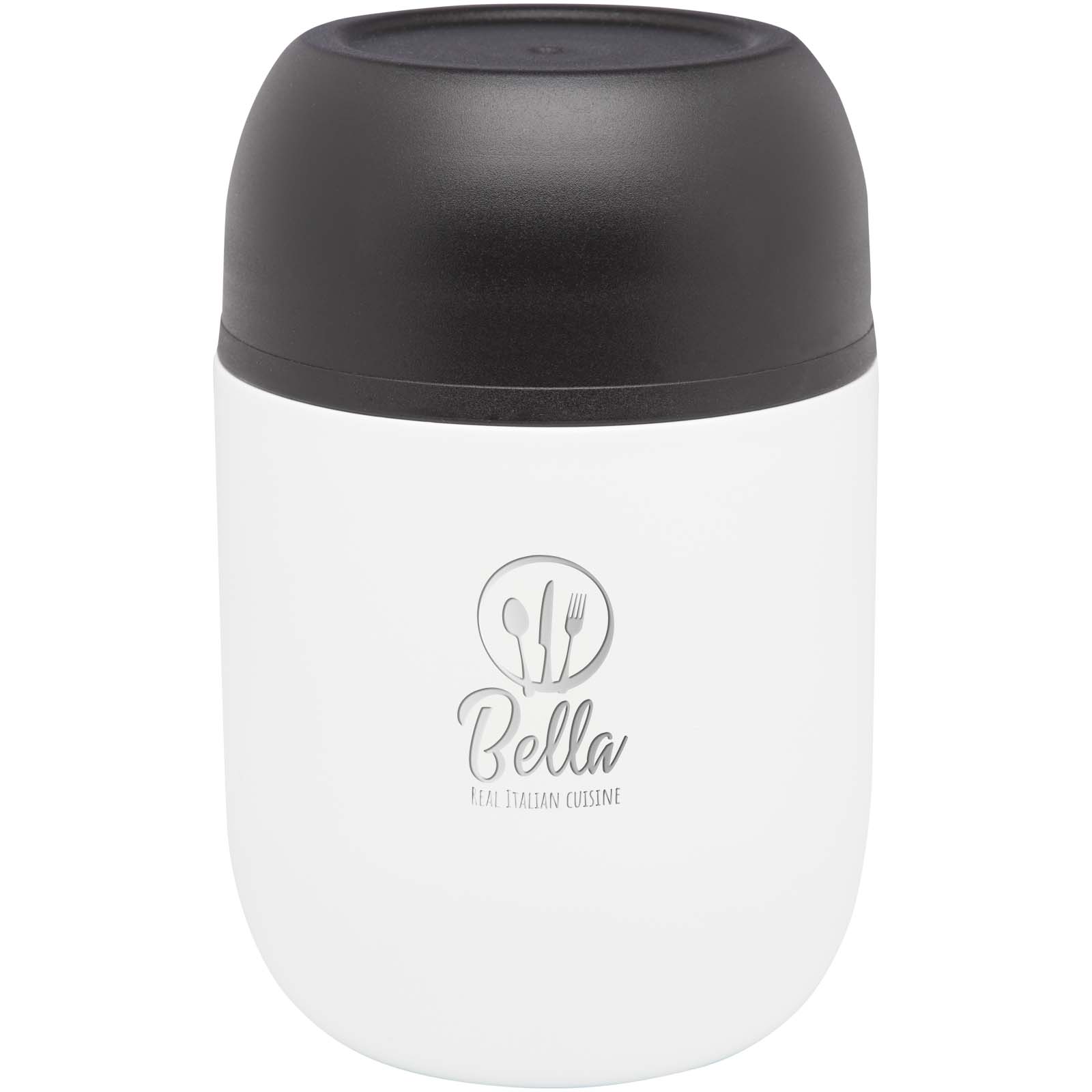 Boîte-repas isotherme Supo 480 ml personnalisée en inox recyclé, avec cuillère pliable imprimé avec logo