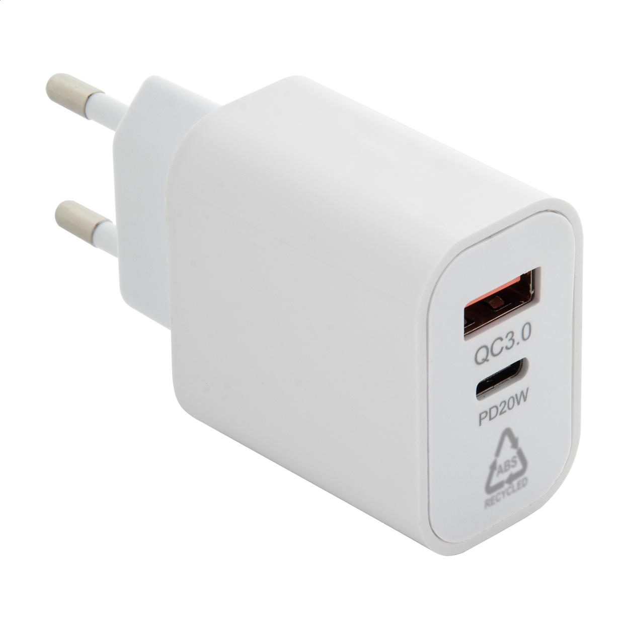 Chargeur secteur USB Recharge personnalisé en ABS recyclé, PD 20 W