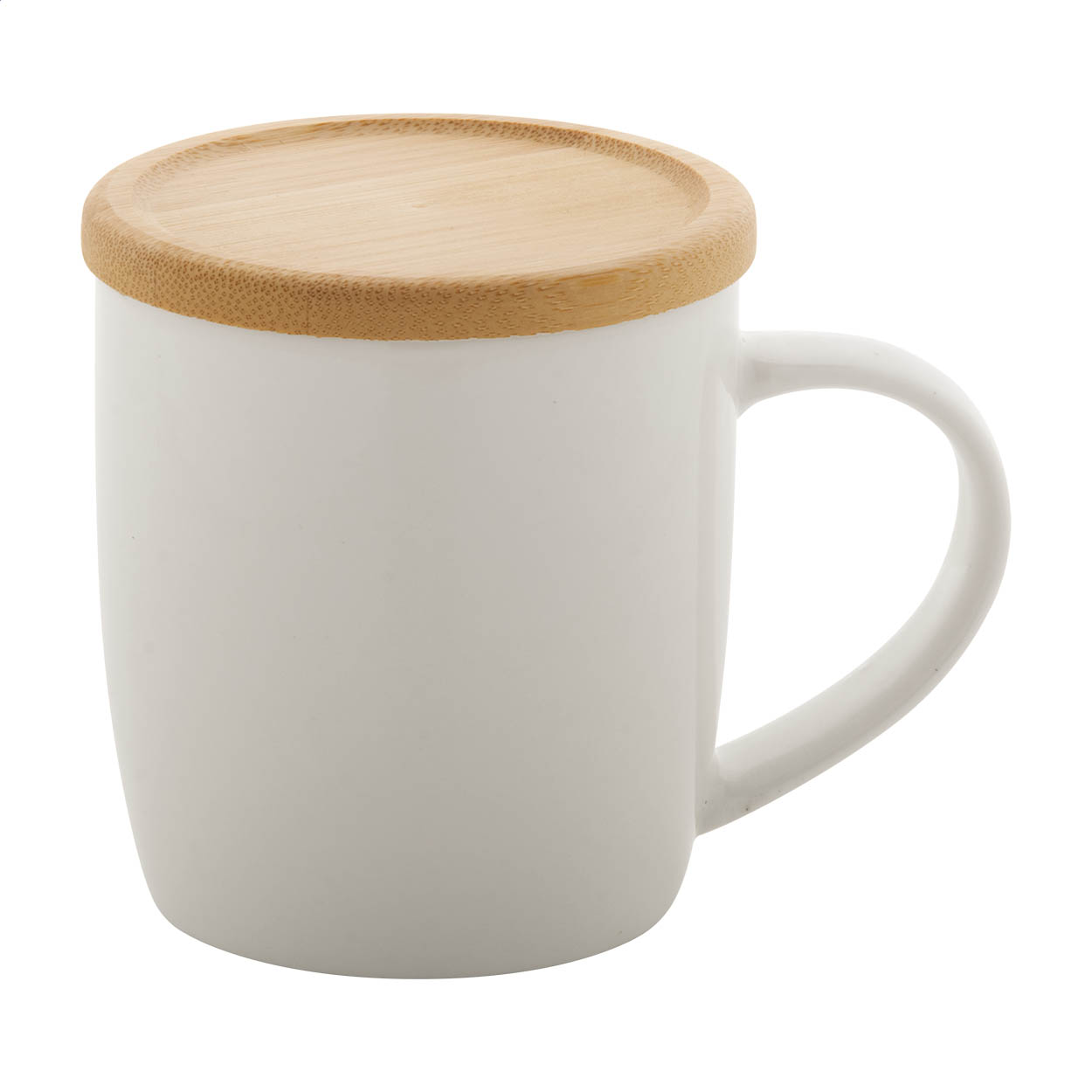 Mug en porcelaine blanc Hestia personnalisé avec sous-verre bambou, 320 ml