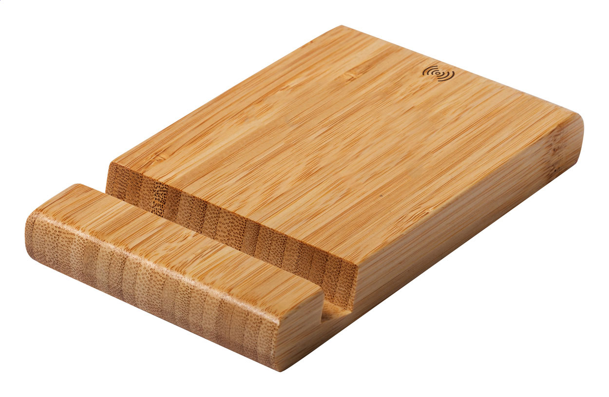 Chargeur sans fil en bambou - Rouvroy-sur-Serre imprimé avec logo