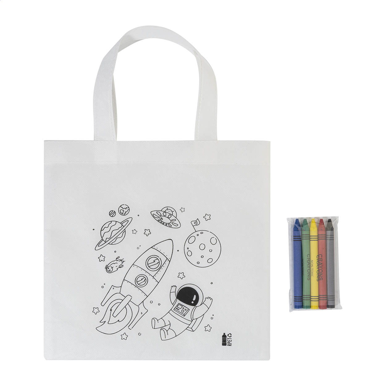 Mini sac shopping à colorier Spacolo en RPET avec 5 crayons imprimé avec logo