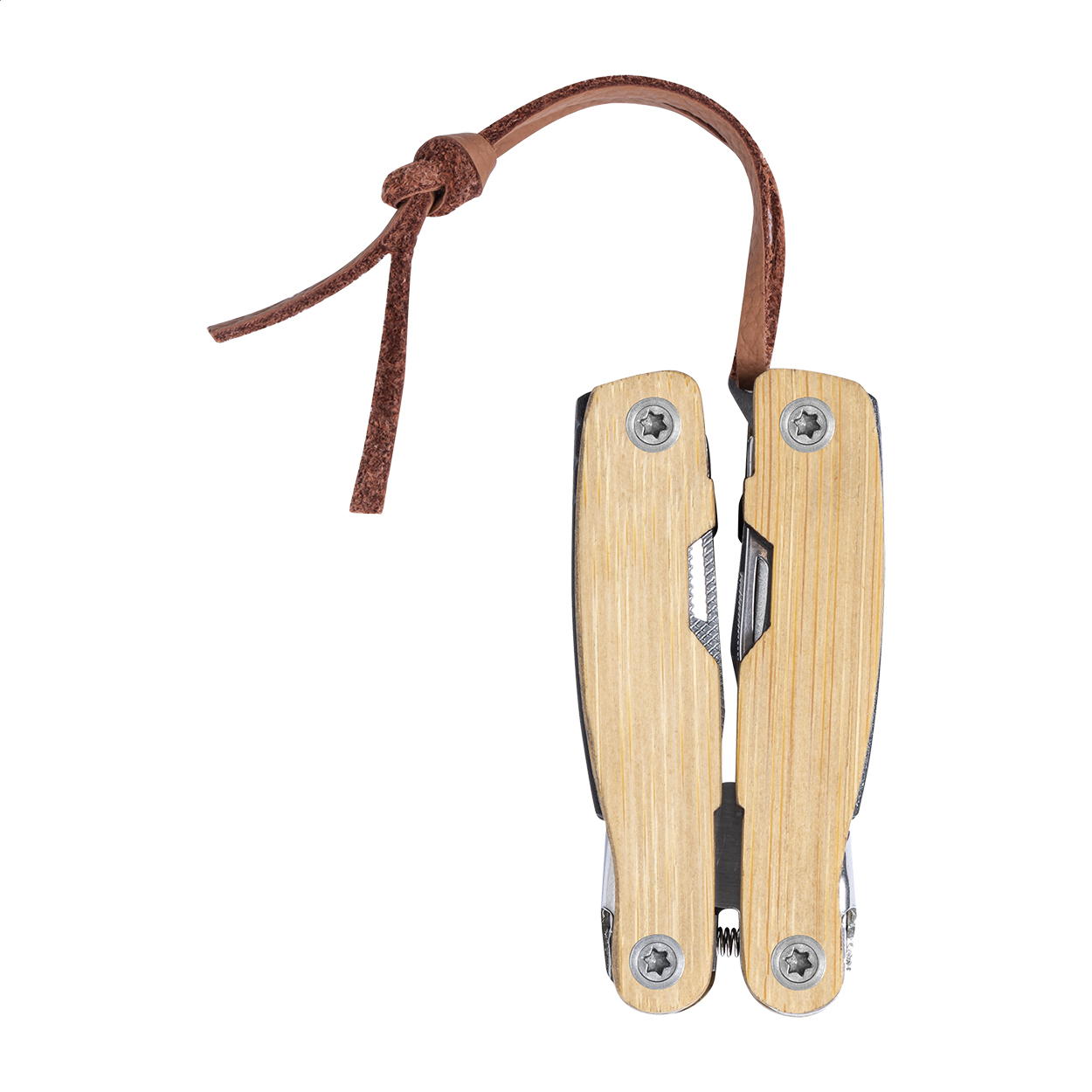 Pince multifonction Hakim personnalisée en inox, manches bambou, 12 fonctions