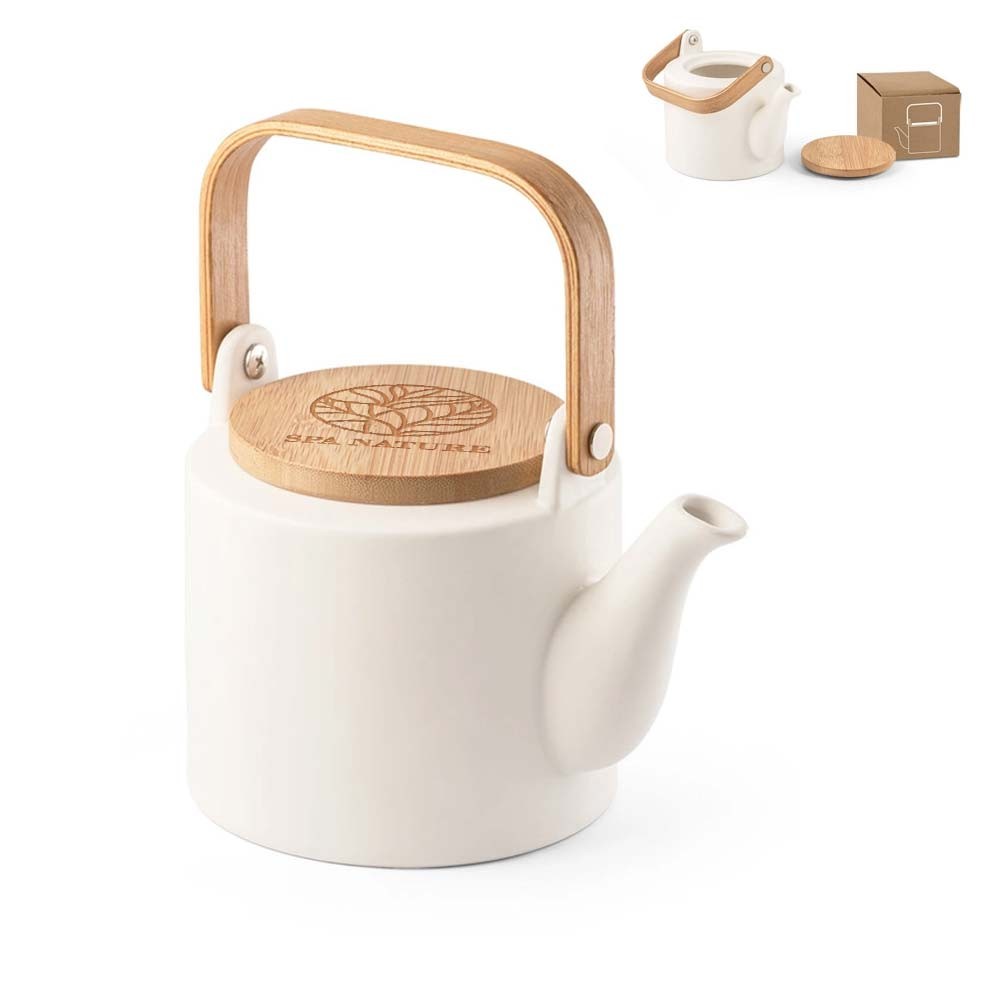 Théière en céramique avec couvercle en bambou 700ml - Montsoreau imprimé avec logo