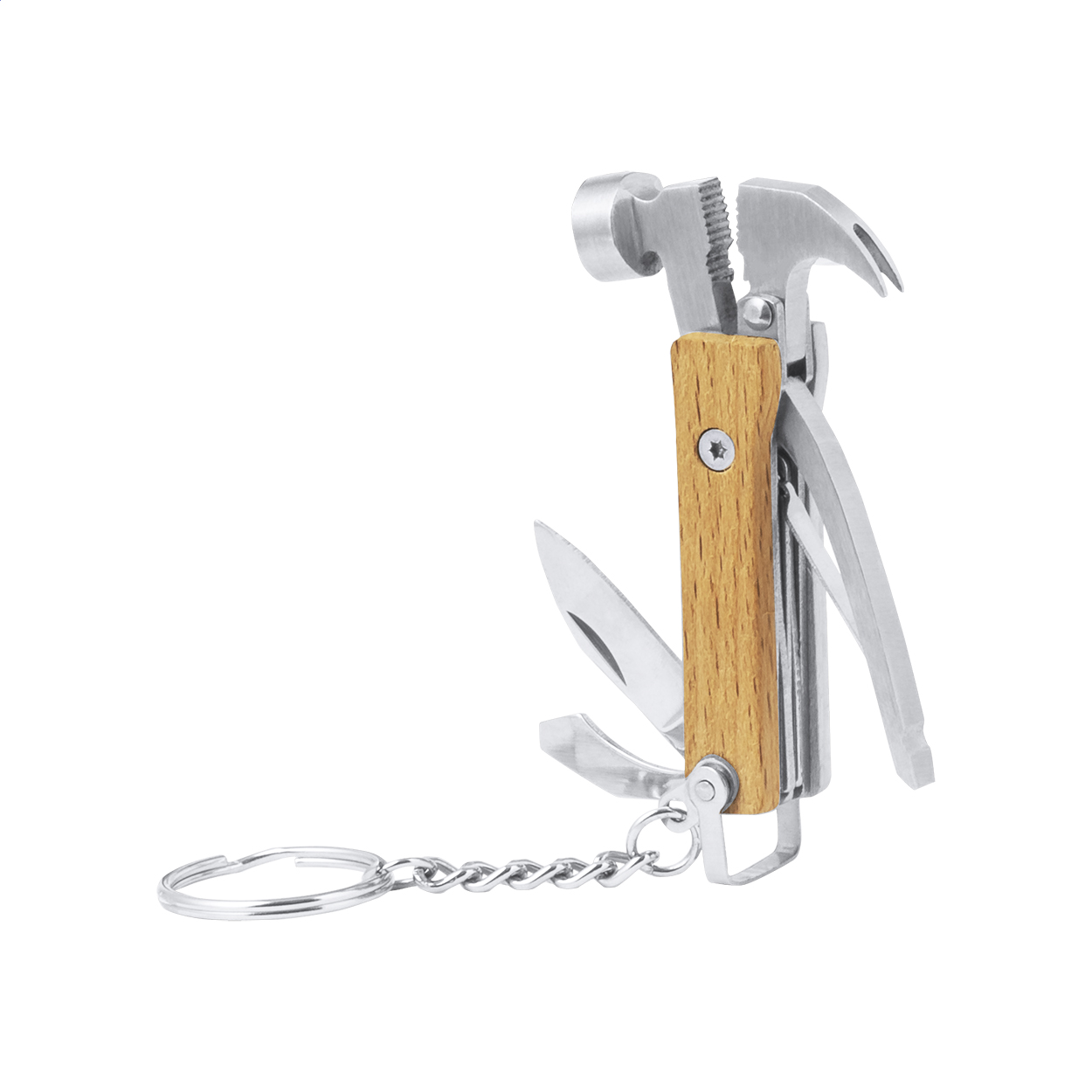 Porte-clés multi-outils Hemverk personnalisé en inox, manche bois, 7 fonctions imprimé avec logo
