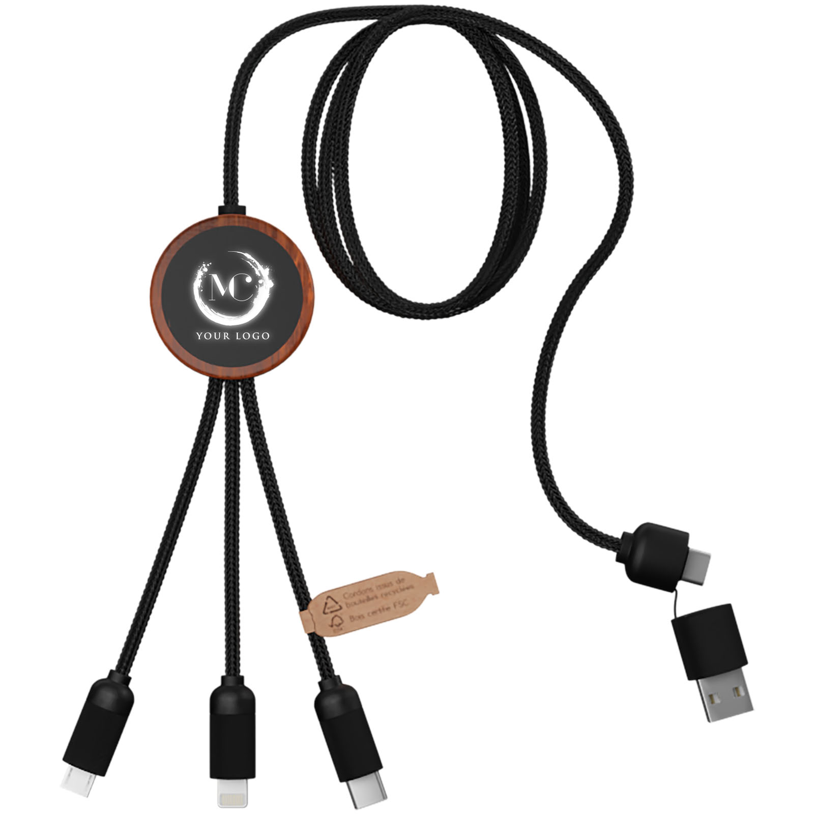 Câble de charge 5 en 1 SCX.design C37 40W en rPET avec logo lumineux, boîtier rond en bambou imprimé avec logo