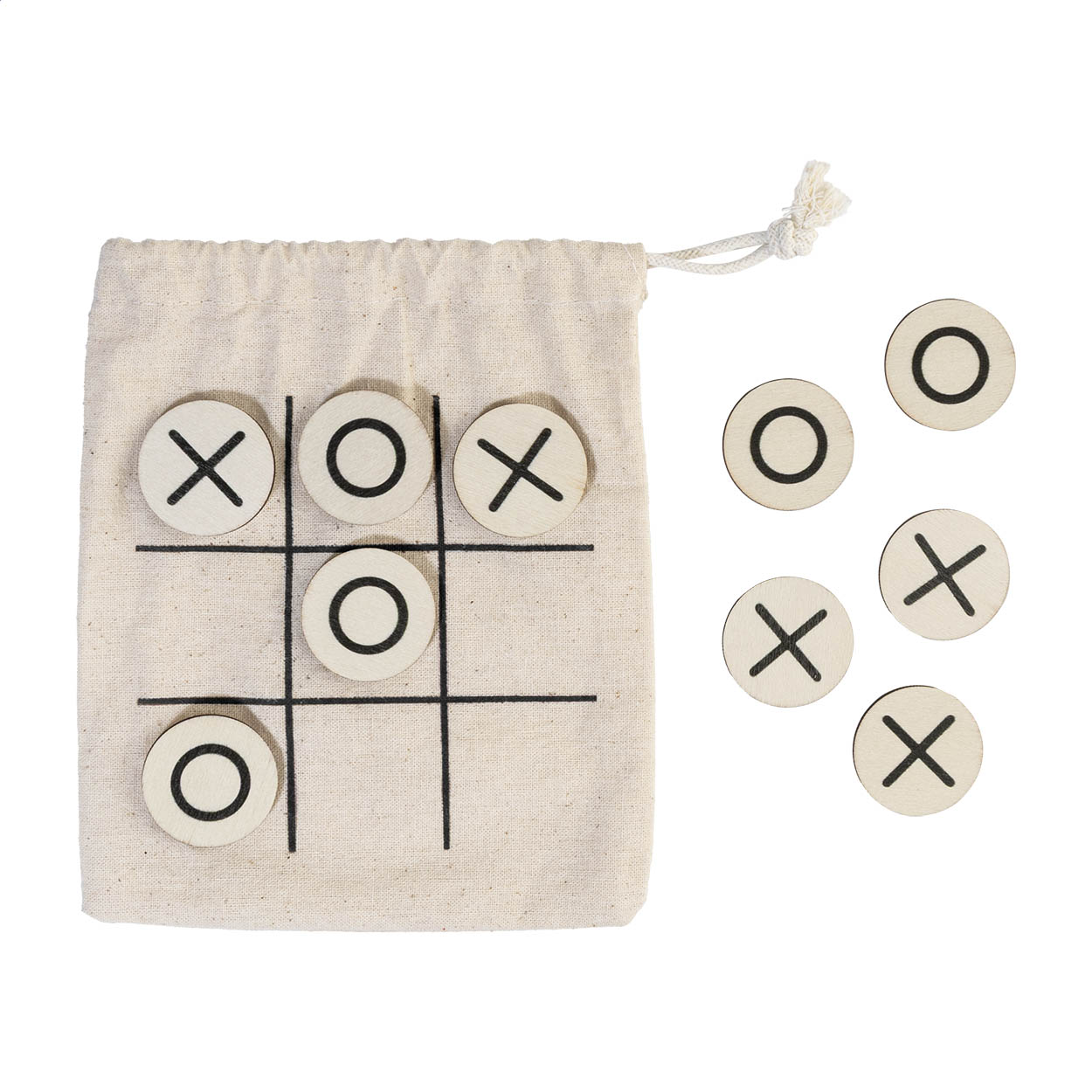 Jeu de morpion Ticbag personnalisé en bois dans pochette en coton imprimé avec logo