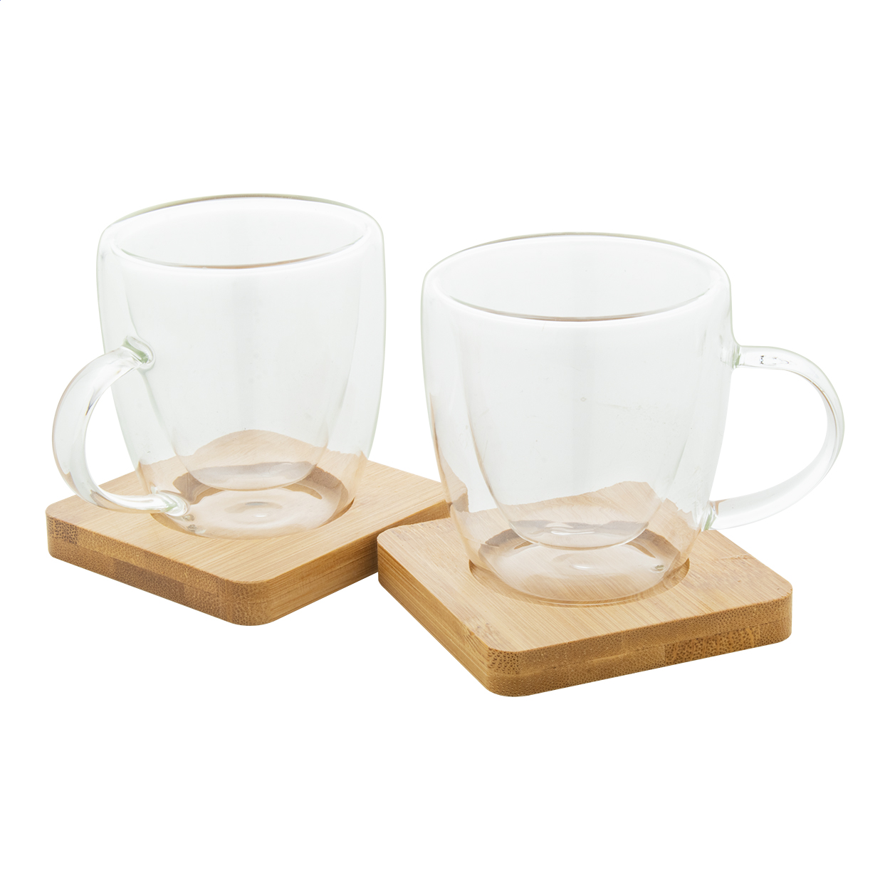 Set de 2 tasses espresso Mocaboo en verre double paroi, soucoupes bambou imprimé avec logo