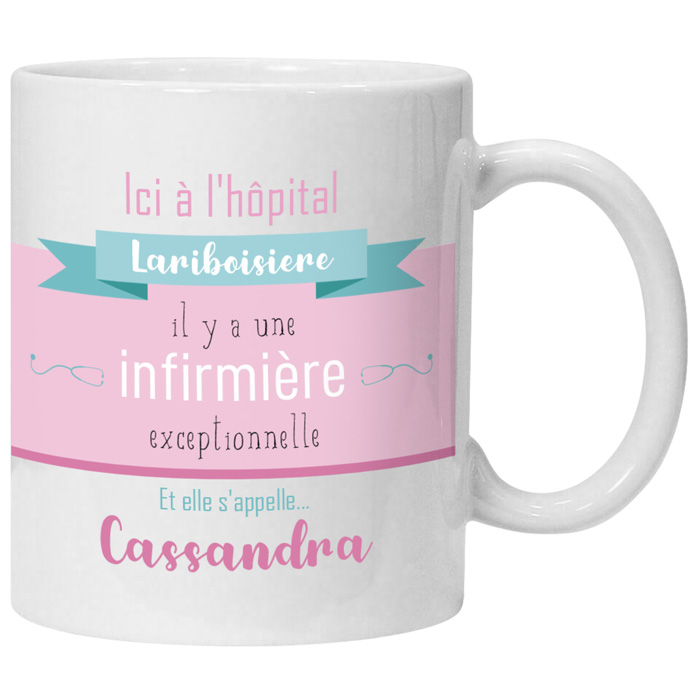 Mug infirmière personnalisé rose avec nom de l'hôpital et prénom au choix - Dezba