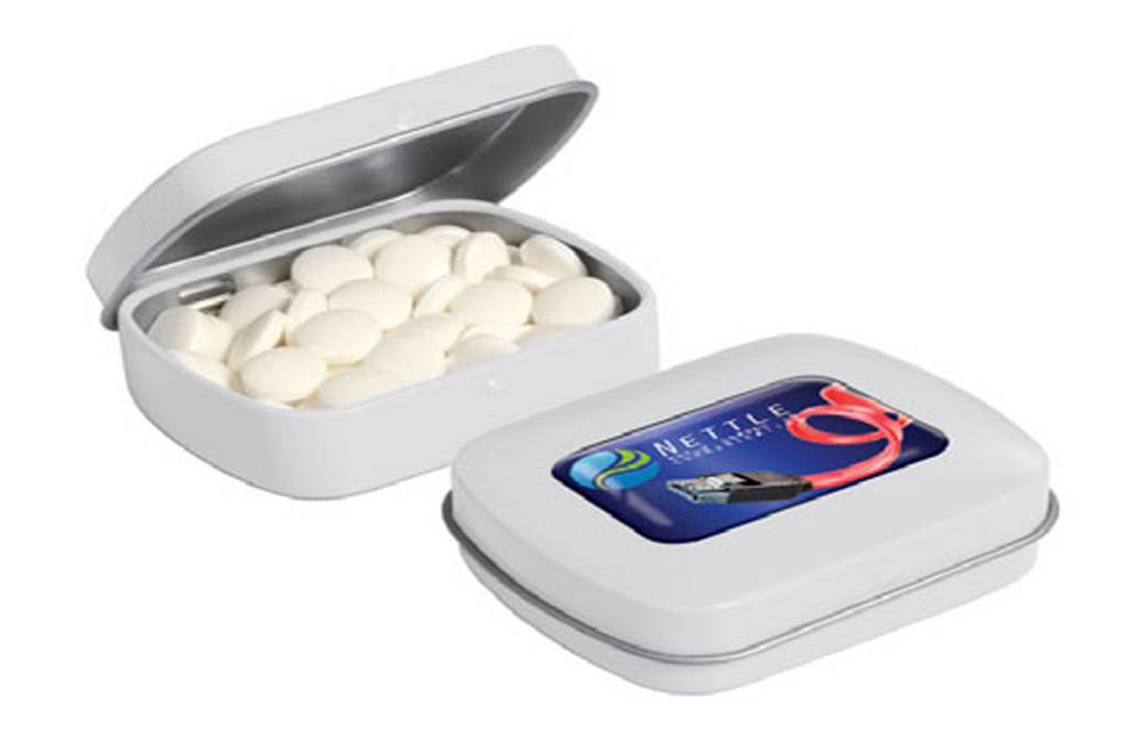 Boîte métallique blanche personnalisable avec bonbons à la menthe