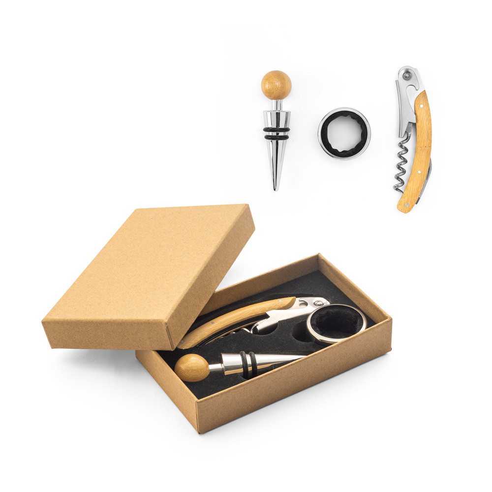 SAVORY. Ensemble à vin en bambou et en acier inoxydable