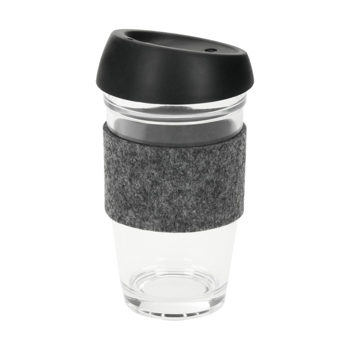 Tasse à café en verre borosilicaté avec couvercle en silicone et manchon en feutre - Pruniers-en-Sologne