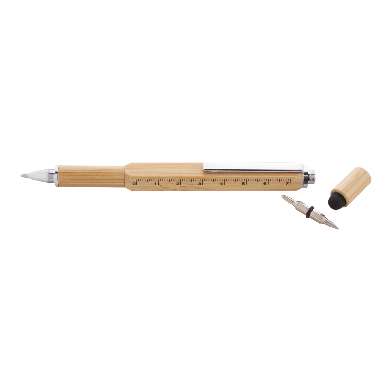 Stylo multifonction Tooby personnalisé en bambou, tournevis, niveau, règle