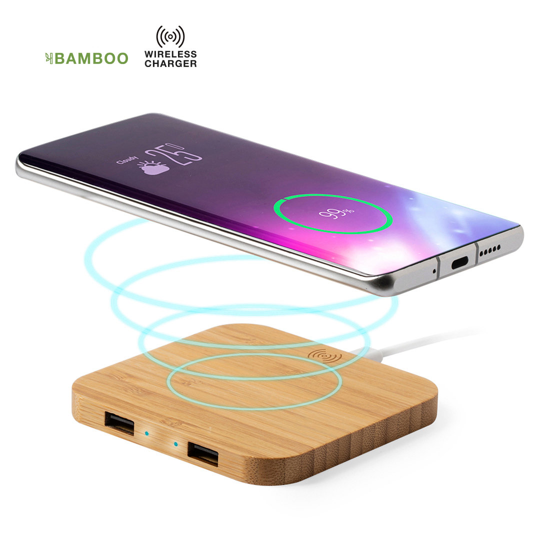 Chargeur sans fil en bambou naturel à double sortie USB - Lécaude - Zaprinta France