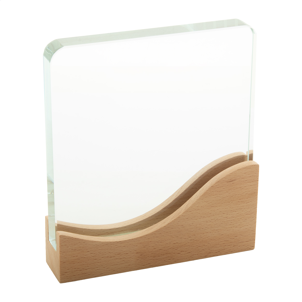 Trophée Wavofi personnalisé en verre avec socle en bois de hêtre