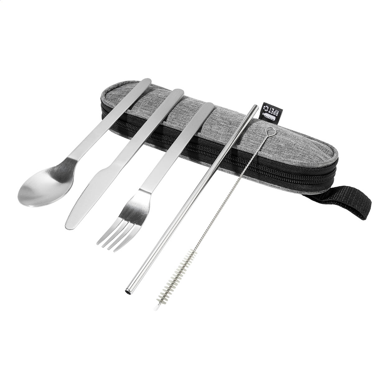 Set de couverts 5 pièces Sullery en inox en pochette RPET imprimé avec logo