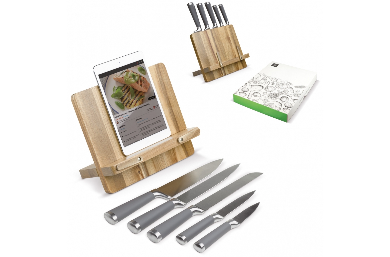 Support livre de cuisine avec 5 couteaux
