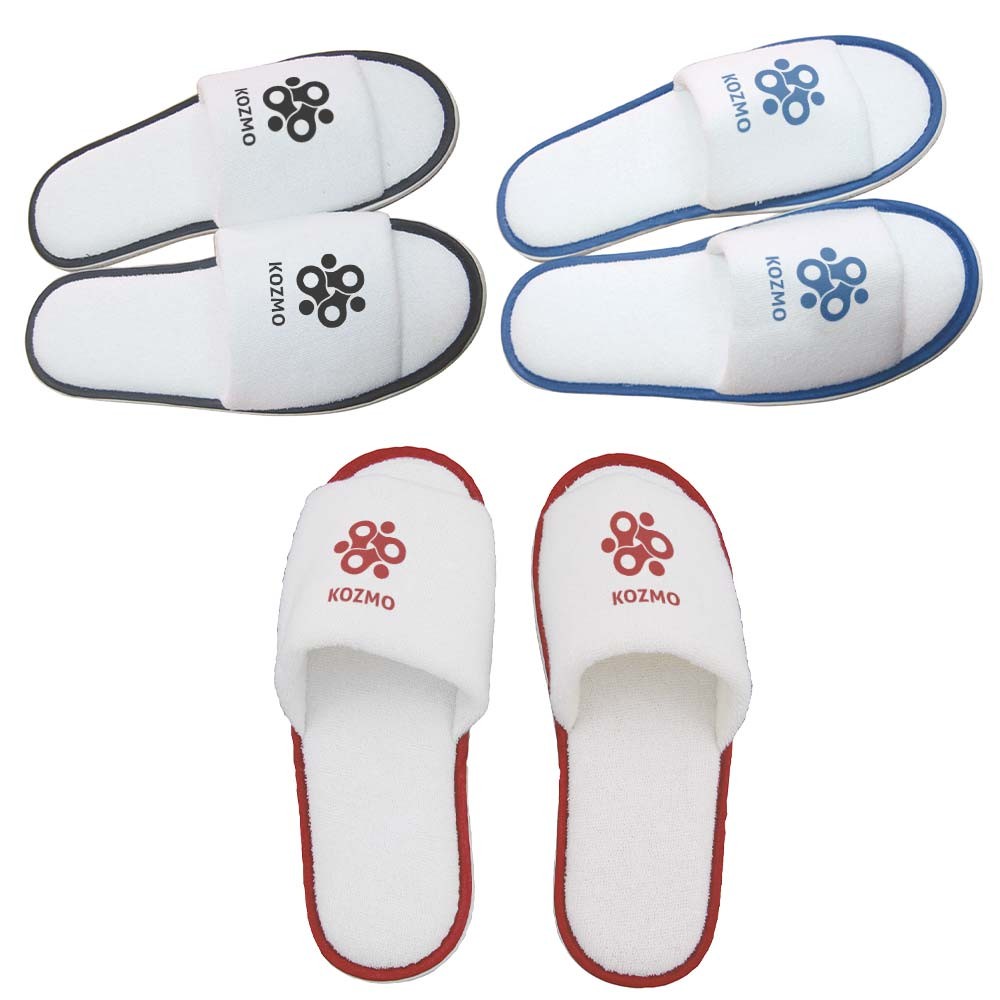 Chaussons Blancs Ouverts à l'avant en Terry avec Bande Colorée et Semelle en EVA - Écommoy imprimé avec logo