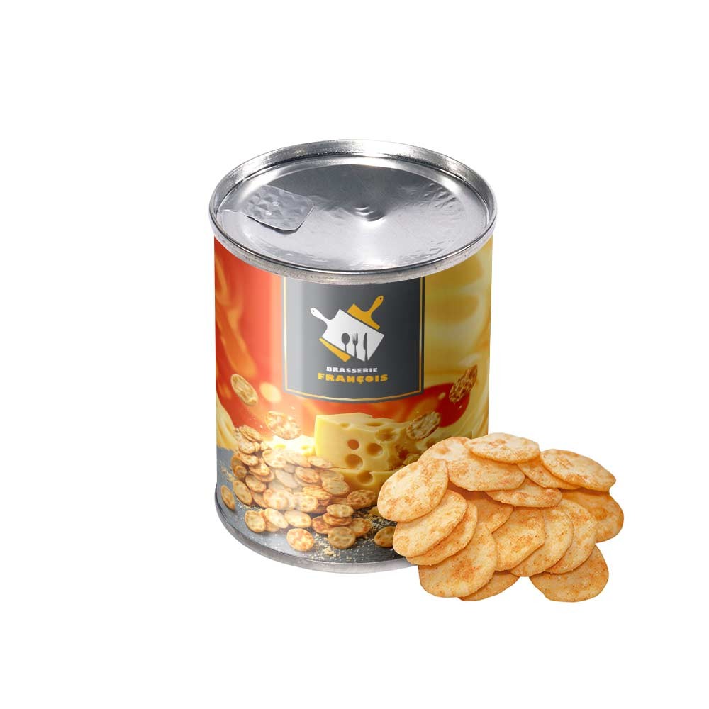 Des crackers au fromage argentés avec un couvercle refermable - Jard-sur-Mer imprimé avec logo