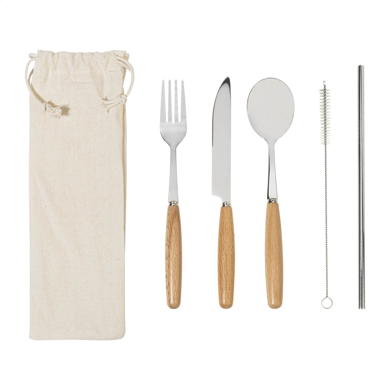 Set de couverts 5 pièces Woller en inox manche bois, pochon coton imprimé avec logo