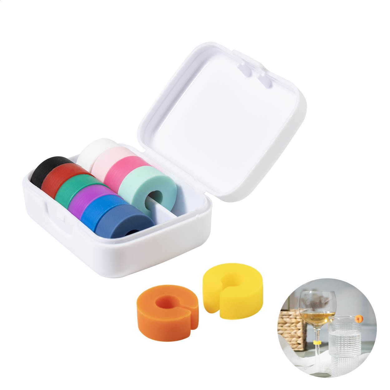 Set de 12 marque-verres Cupperty en silicone, boîte en PP recyclé imprimé avec logo
