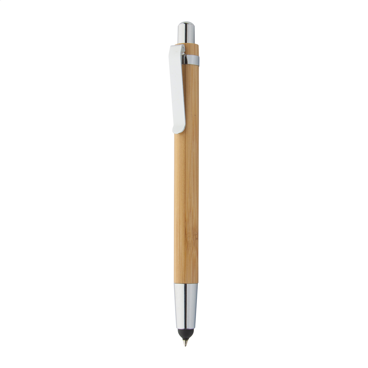Stylo bille tactile Tashania Black personnalisé en bambou, encre noire