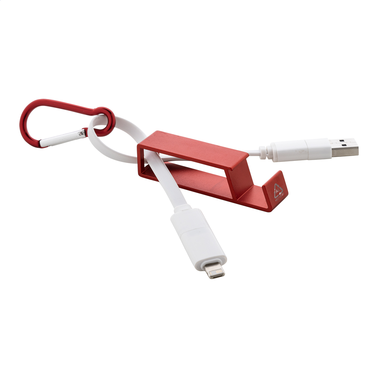 Câble de charge Cappy avec mousqueton en alu recyclé et décapsuleur imprimé avec logo