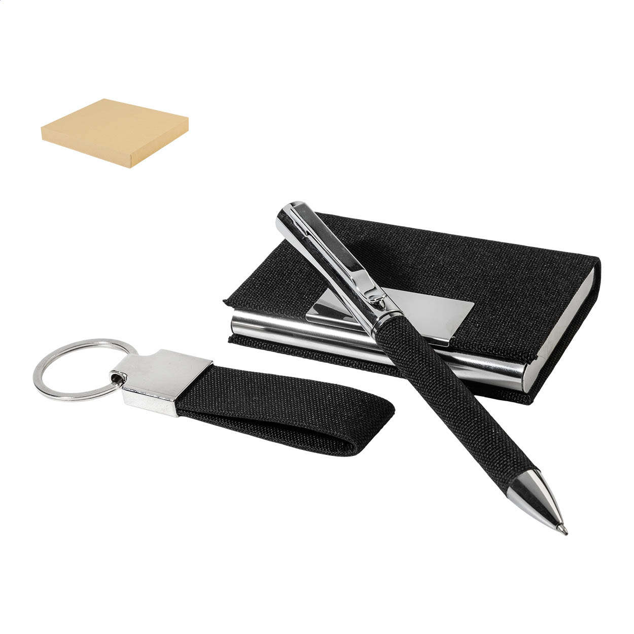 Coffret cadeau d'affaires Negotus 3 pièces en RPET : stylo, porte-cartes imprimé avec logo